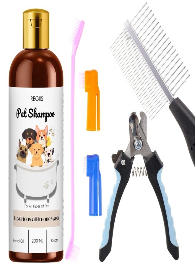 مجموعة ريجيس للعناية بالحيوانات الأليفة مع شامبو، غسول شامل 200 مل، مشط معدني، مقص أظافر، فرش أسنان للأصابع للكلاب والقطط (عبوة من 4 قطع) - Image 1